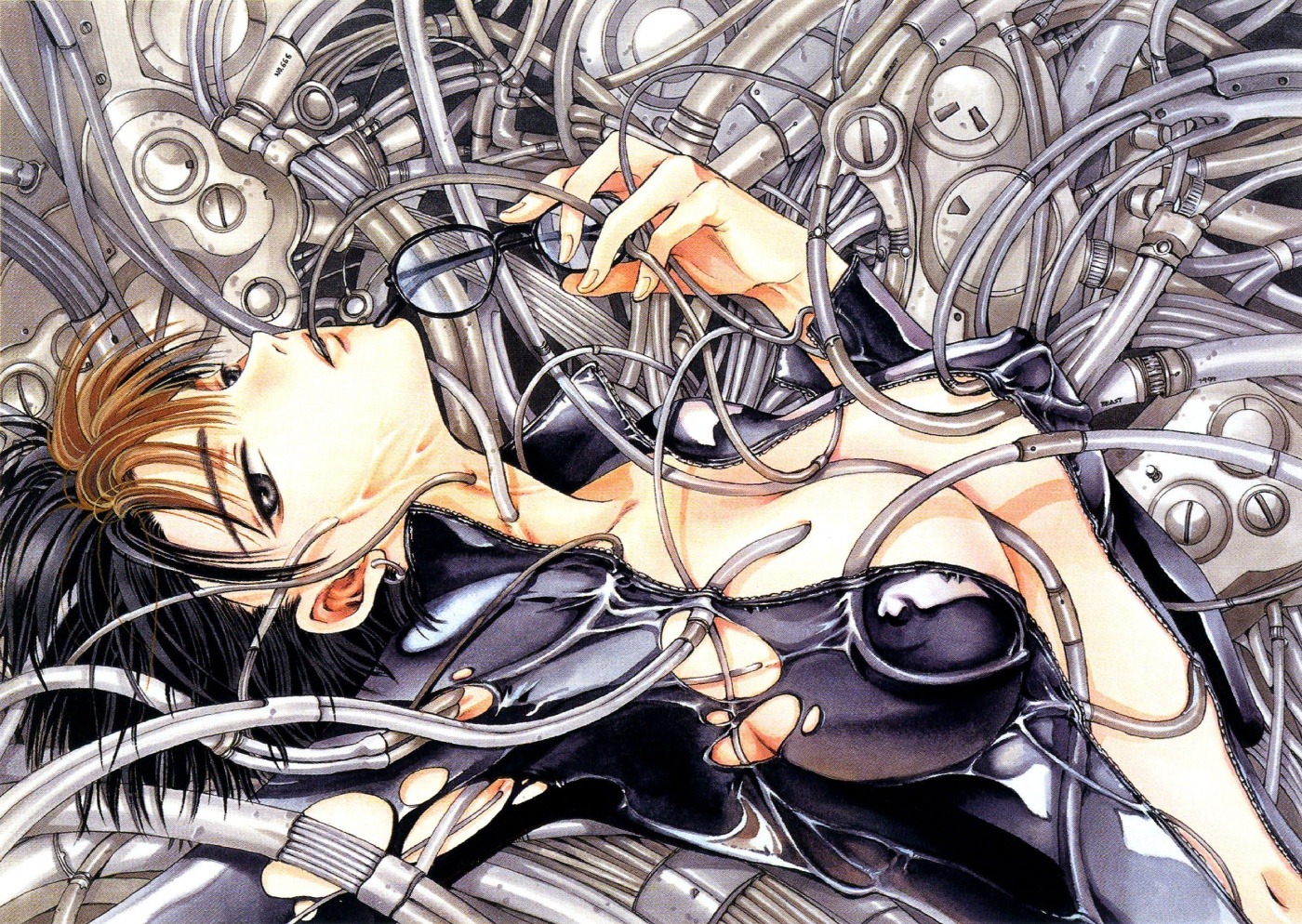 black_hair breasts brown_hair cable clamp cleavage erect_nipples female glasses grey_eyes large_breasts lying machine marker_(medium) nipples official_art open_clothes rule34 satsuki_yatouji sex_machine short_hair torn_clothes traditional_media tube unzipped veins wire wires x x/1999 x_(manga) yatouji_satsuki