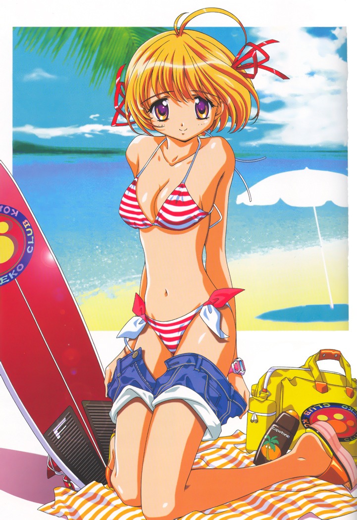 bikini denim denim_shorts female kneeling orange_hair purple_eyes rule34 short_hair shorts striped surfboard swimsuit