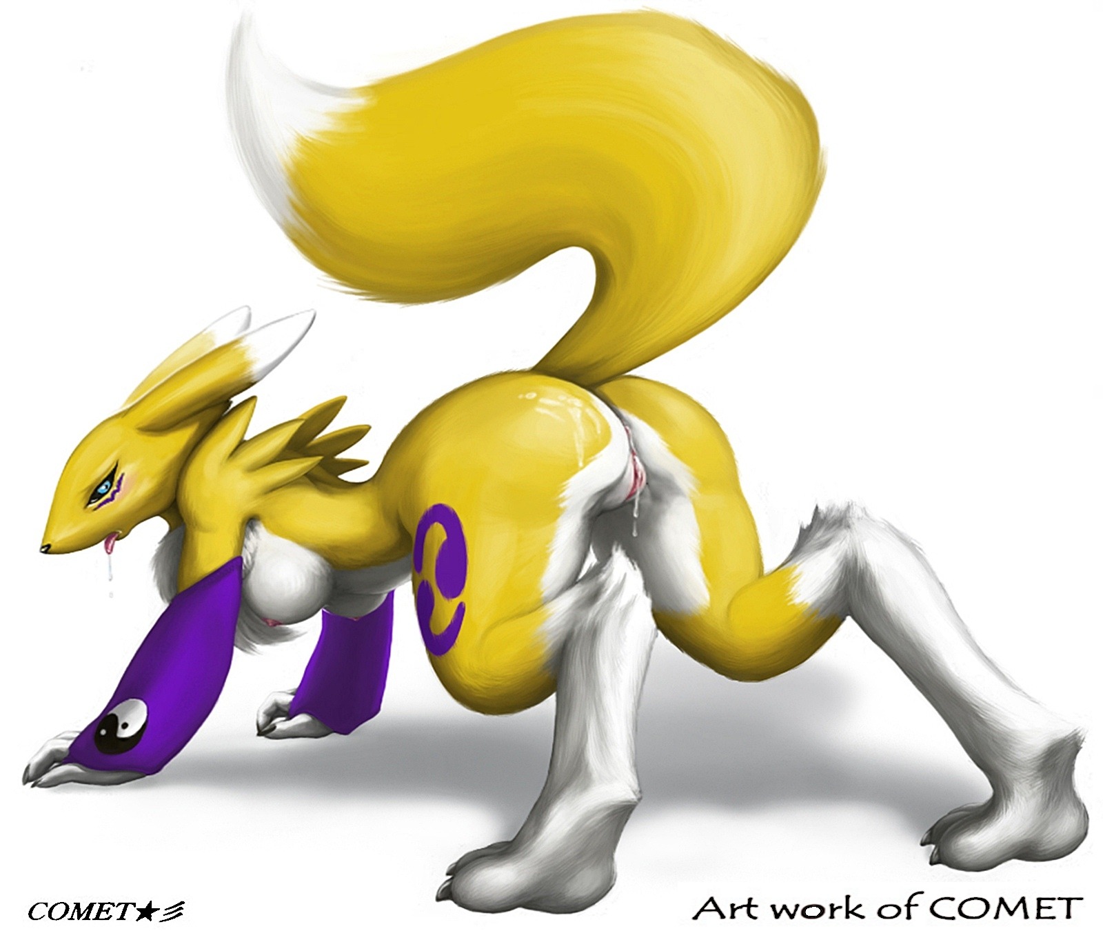 all_fours anthro areola bandai_namco black_sclera blue_eyes blush bodily_fluids breasts butt canid canine chest_tuft claws clothing countershading digimon digimon_(species) dipstick_tail dr_comet drooling e621 female fur genital_fluids genitals gloves handwear hanging_breasts hi_res in_heat mammal mane markings messy multicolored_body multicolored_fur multicolored_tail nipples presenting presenting_vulva renamon saliva side_boob simple_background solo tail tail_markings text tongue tuft two_tone_body two_tone_fur two_tone_tail vaginal_fluids vulva white_background white_body white_fur white_tail yellow_body yellow_fur yellow_tail yin_yang
