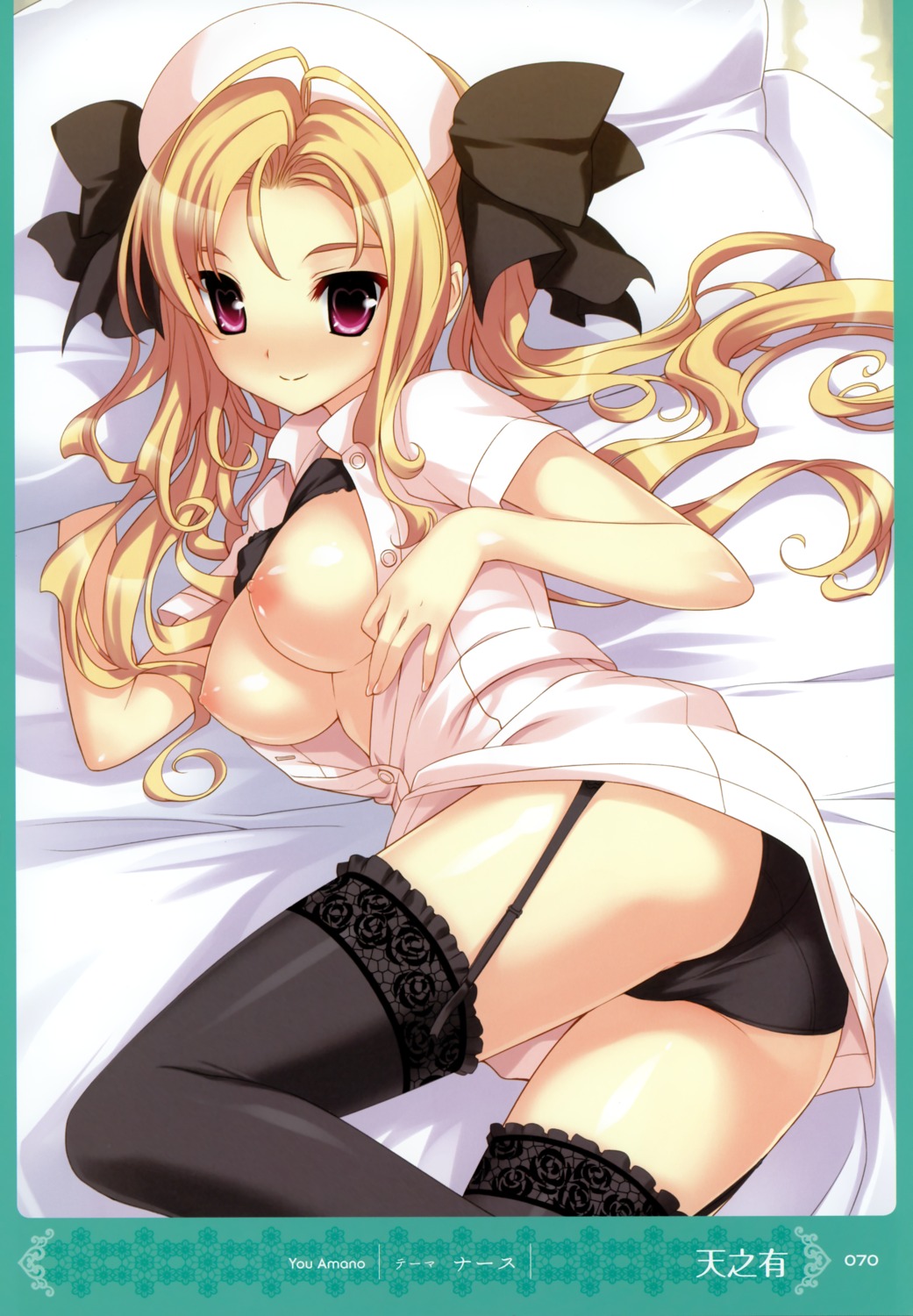 amano_yuu black_lingerie black_panties black_thighhighs blonde_hair bra_lift character_request female garter_belt lace-trimmed_thighhighs nipples nurse open_clothes open_shirt rule34 shirt stockings thighhighs tied_hair twintails