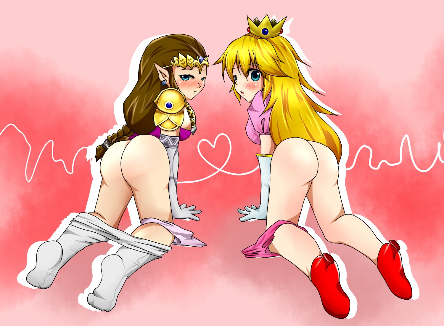 all_fours ass back_view crossover death_battle elbow_gloves elf female female_only gloves high_heels human kagura_una mario_(series) nintendo pale_skin presenting_hindquarters princess_peach princess_zelda rule34 shoes tagme the_legend_of_zelda twilight_princess zelda_(twilight_princess)