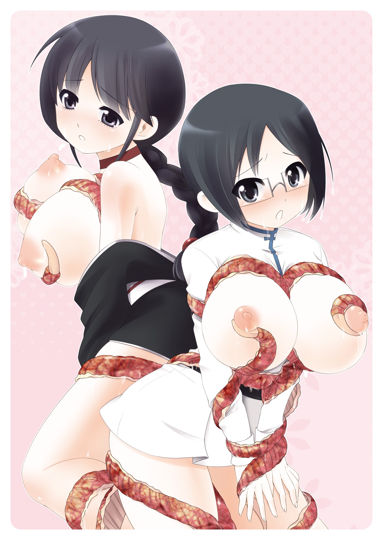 beige_skin black_hair bleach blush bound breasts clothes color eyewear female female_only glasses grey_eyes hair human kurotsuchi_nemu long_hair looking_at_viewer multiple_females multiple_girls nipples open_eyes round_ears rule34 rule_63 short_hair tear tentacle uryu_ishida