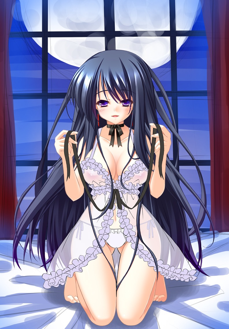 artist_request bed blush breasts cleavage erect_nipples female large_breasts moon nightgown nipples panties pointy_chin rule34 smile