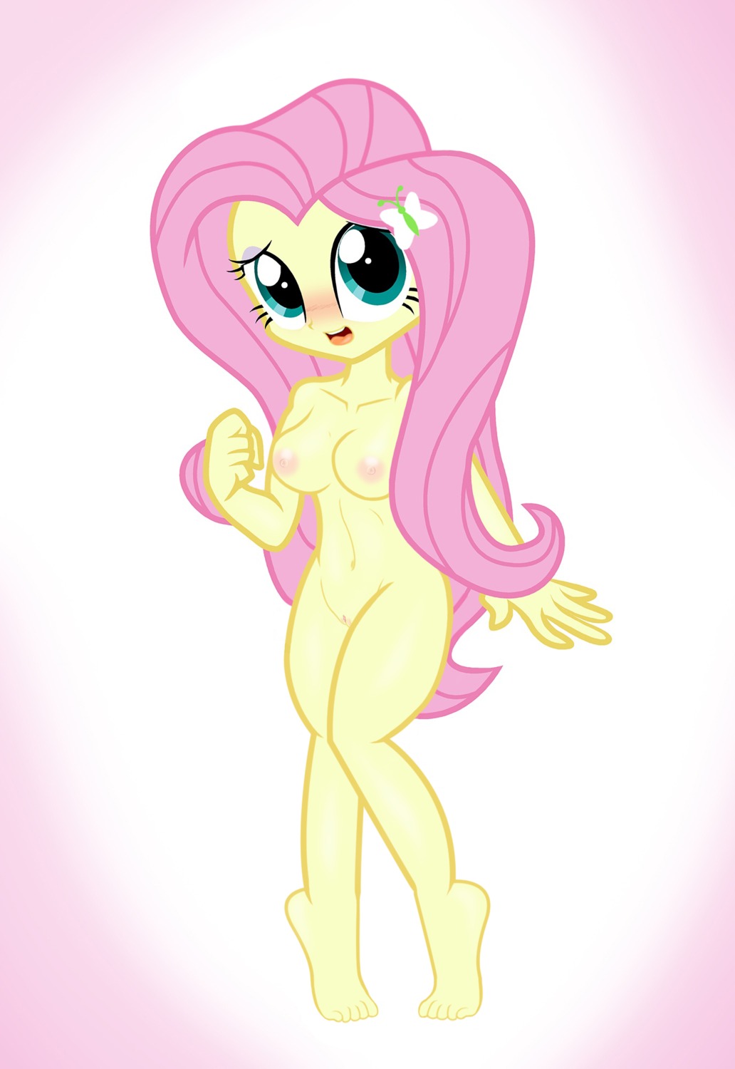 blush breasts e621 equestria_girls female fluttershy_(eg) full-length_portrait genitals green_eyes hair hasbro hi_res hisexpliciteditor human looking_at_viewer mammal my_little_pony not_furry nude pink_hair portrait pyruvate simple_background solo third-party_edit vaginal vulva