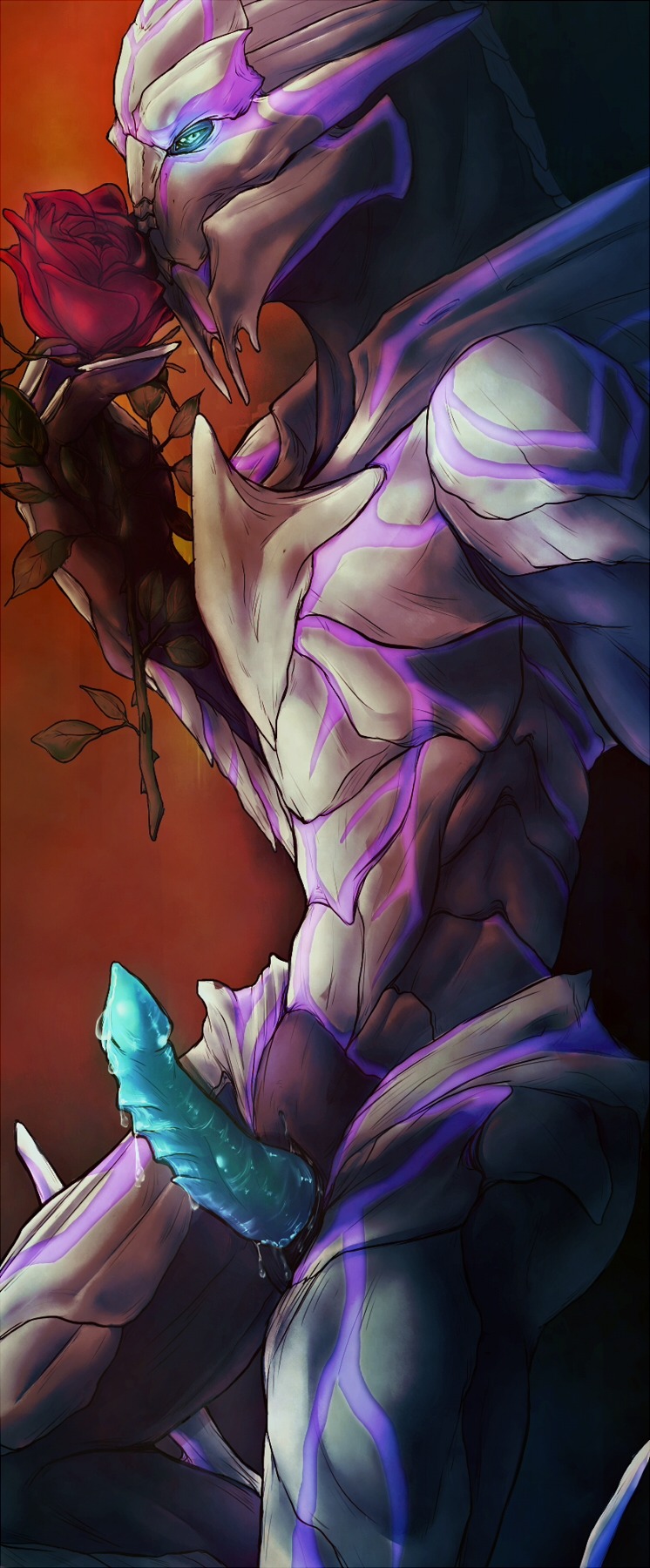 2014 alien bioware blue_eyes bodily_fluids cum e621 electronic_arts erection flower genital_fluids genitals hi_res looking_at_viewer male mass_effect nude penis plant rose_(flower) solo soullesshusk tattoo turian