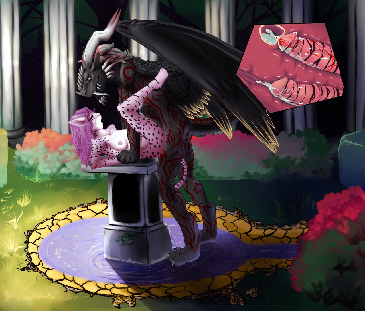 2012 2_penises anal anal_penetration anthro anthro_on_anthro black_body black_feathers black_scales blood blood_from_vagina blood_in_pussy bodily_fluids breasts celestina column cum cum_in_ass cum_in_vagina cum_inside digital_media_(artwork) double_penetration dragon duo e621 erection feathered_wings feathers female female_anthro female_penetrated fur garden genital_fluids genitals horn internal interspecies legs_up lying male male/female male_anthro male_penetrating male_penetrating_female markings multi_genitalia multi_penis multicolored_body multicolored_scales mythological_creature mythological_scalie mythology non-mammal_breasts nude nude_anthro nude_female nude_male on_back outside pedestal penetration penile penile_penetration penis penis_in_vagina pink_body pink_fur pond red_body red_markings red_scales scales scalie sex striped_genitalia striped_penis stripes table_lotus_position tail two_tone_body two_tone_scales vaginal vaginal_penetration vulva wings
