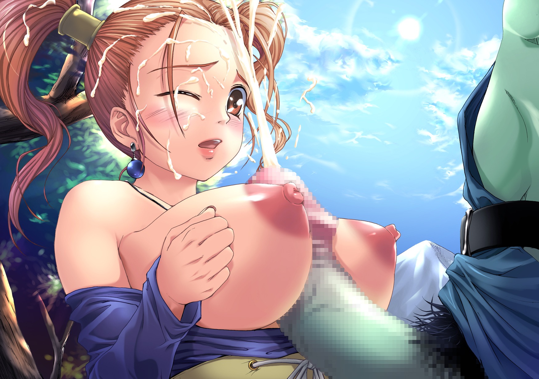 1boy 1girls blush breasts censored clothing cum cum_explosion cum_on_closed_eye cum_string cum_trail dragon_quest dragon_quest_viii dress earrings ejaculation erection facial female highres huge_breasts huge_cock human jessica_albert jewelry large_breasts male nipples paizuri penis projectile_cum pubic_hair rule34 sex shinozuka_jouji short_hair solo_focus square_enix straight strapless_dress tied_hair titfuck twintails wink