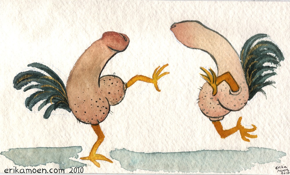 2010 avian balls bird chicken duo e621 erika_moen feathers foreskin galliform genital_shot genitals humanoid_genitalia humanoid_penis humor male painting_(object) penis penis_creature penis_shot phasianid pun