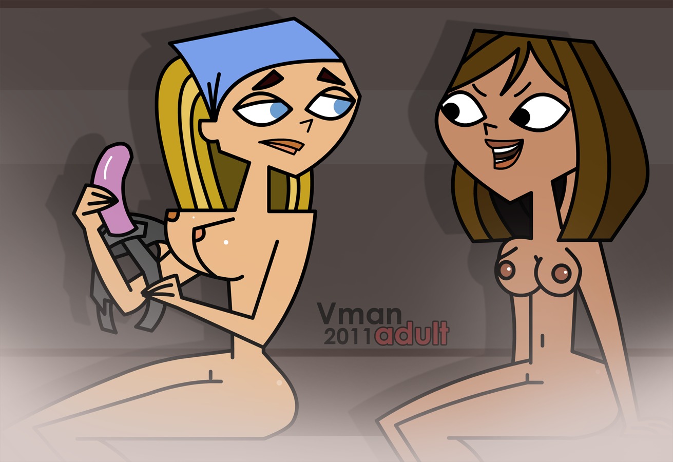2011 2girls big_breasts bimbo blonde_hair blue_eyes breasts busty courtney_(tdi) female hair human human_only humanoid large_breasts latina lindsay_(tdi) long_hair multiple_females multiple_girls nipples rule34 strap-on strapon total_drama_island yuri
