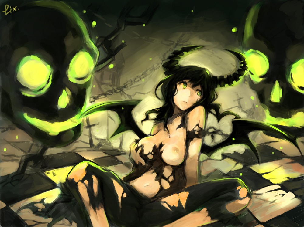 1girls black_rock_shooter breast_grab breasts chains dead_master female green_eyes horns long_hair navel nipples rule34 self_fondle sitting skull solo torn_clothes wings zhuxiao517