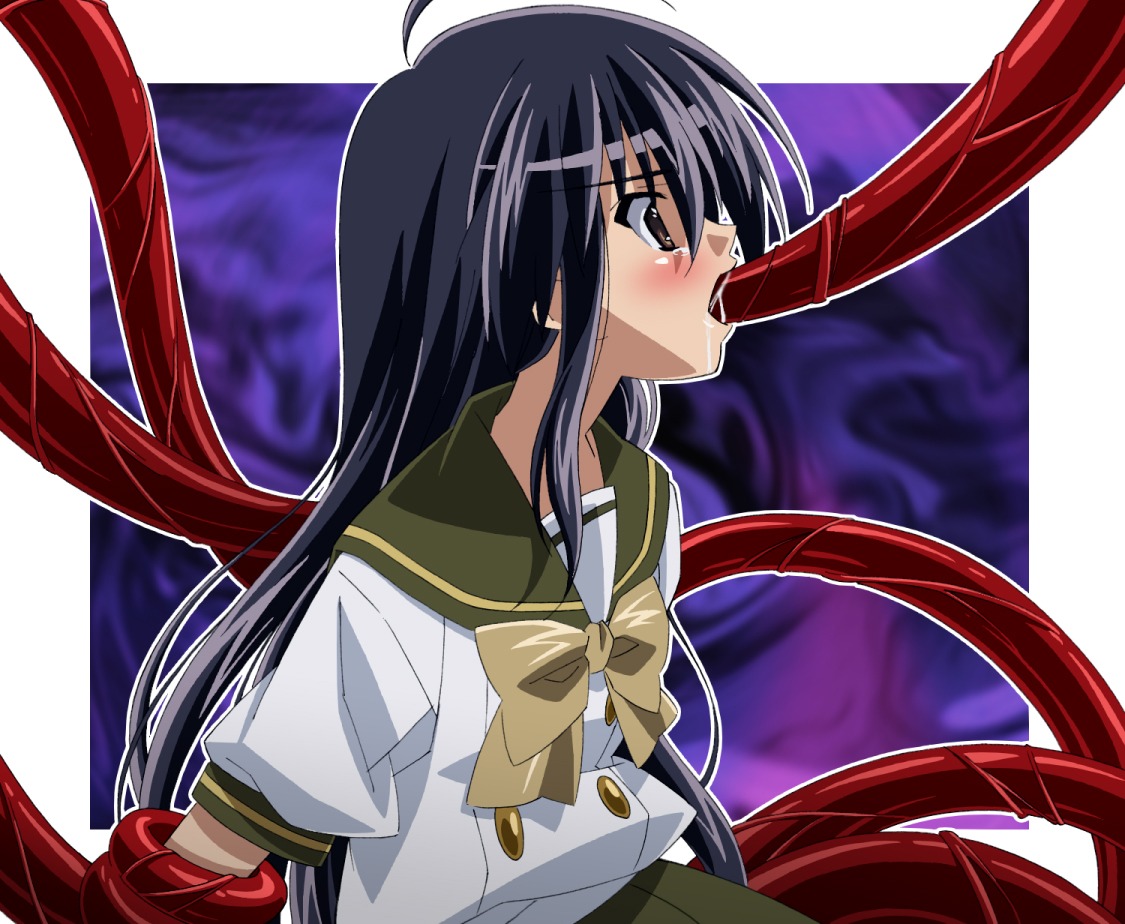 black_hair blush brown_eyes clothed_sex clothing female long_hair open_mouth oral rape restrained rule34 school_uniform shakugan_no_shana shana tears tentacle