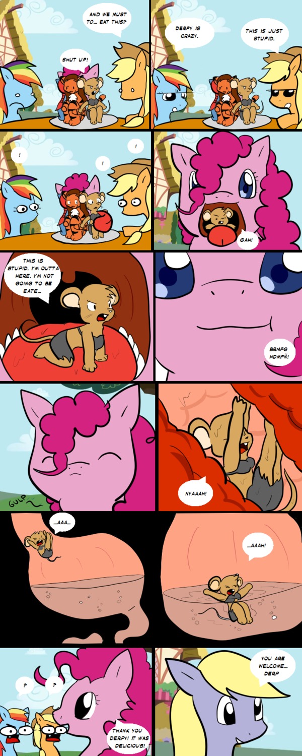 2011 applejack_(mlp) blonde_hair blue_body blue_eyes blue_fur clothing comic cowboy_hat derpy_hooves_(mlp) dialogue dragontrainer e621 earth_pony english_text equid equine felid female feral friendship_is_magic fur group hair hasbro hat headgear headwear hi_res horse larger_female mammal micro mouse multicolored_hair murid murine my_little_pony pantherine pink_body pink_fur pink_hair pinkie_pie_(mlp) pony rainbow_dash_(mlp) rainbow_hair rodent size_difference smaller_female tail text tiger vore