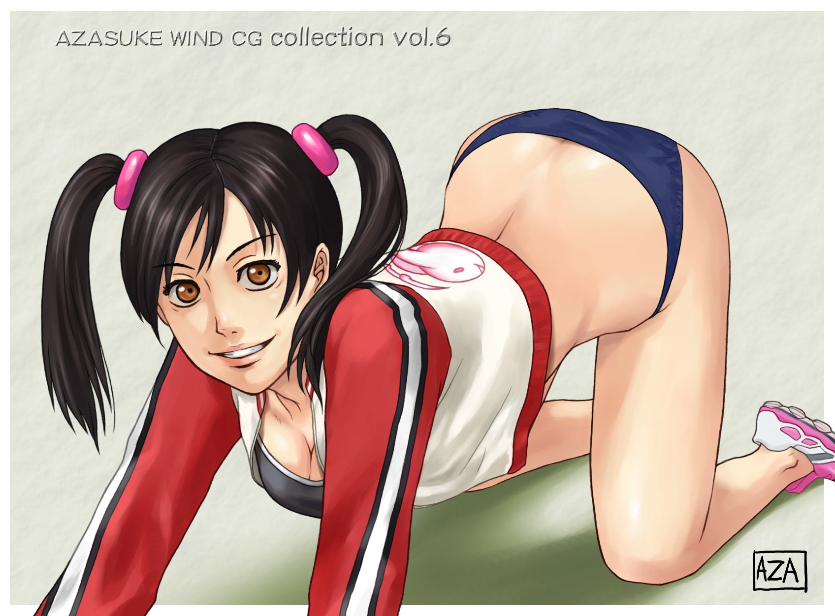 all_fours azasuke blue_panties female highres ling_xiaoyu rule34 solo solo_female tekken tied_hair twintails