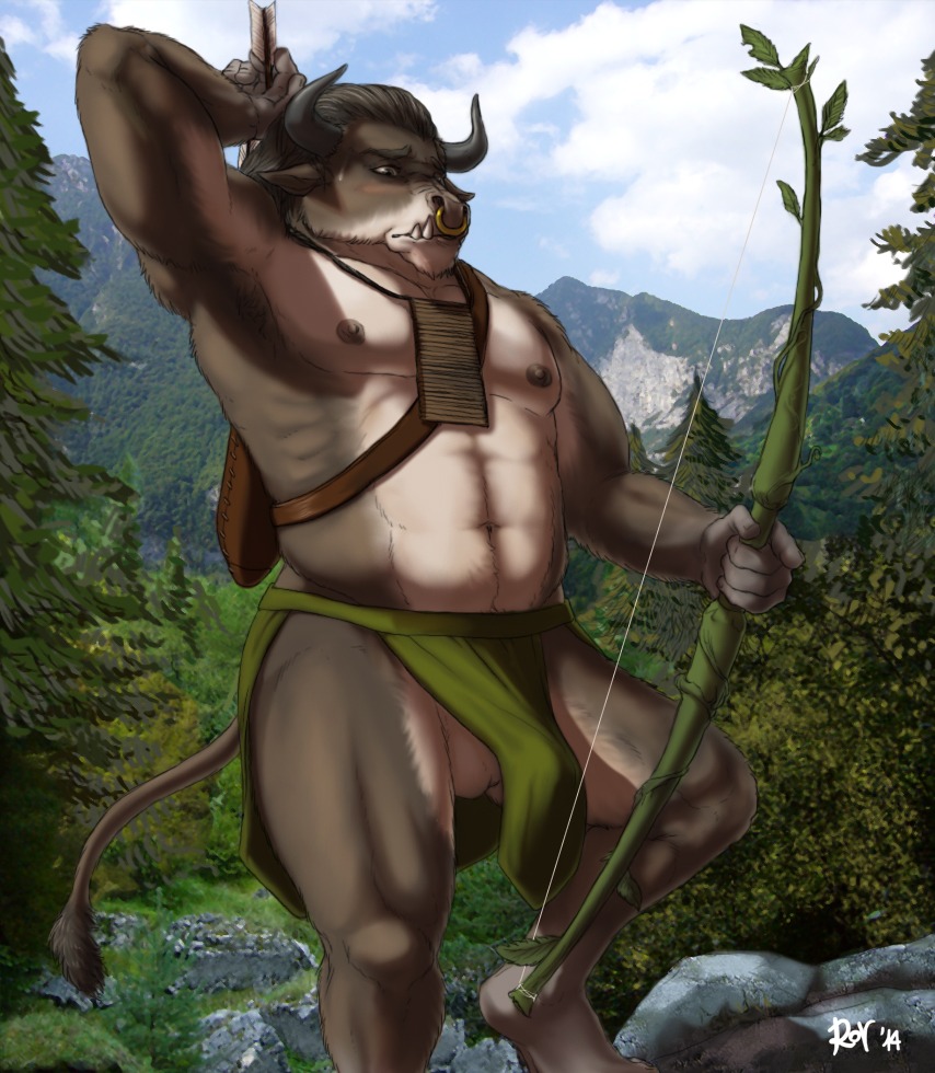 2014 abs anthro arrow_(weapon) balls biceps biped blizzard_entertainment blush bottomwear bovid bovine bow_(weapon) bulge clothed clothing detailed_background detailed_bulge e621 erection facial_piercing forest genital_outline genitals holding_object holding_weapon horn loincloth male mammal muscular muscular_anthro muscular_male nature nipples nose_piercing nose_ring outside pecs penis_outline piercing plant quiver_(object) ranged_weapon ring_piercing rov septum_piercing solo standing tauren topless tree unwanted_erection warcraft weapon