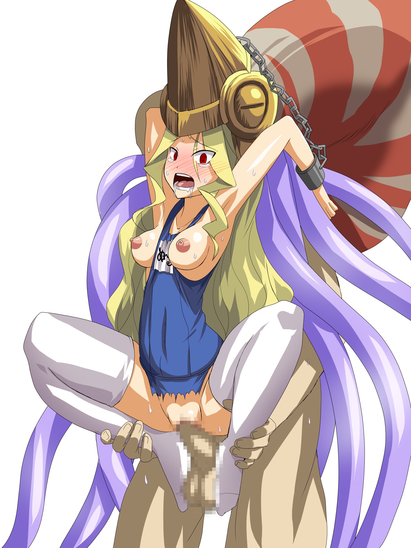 ballcaress balls blonde_hair breasts caressing_balls caressing_testicles clothing feet female from_behind highres legwear long_hair male nool open_mouth penetration penis pussy red_eyes restrained rule34 sex spread_legs stockings tentacle testicles thighhighs vaginal_penetration warzard