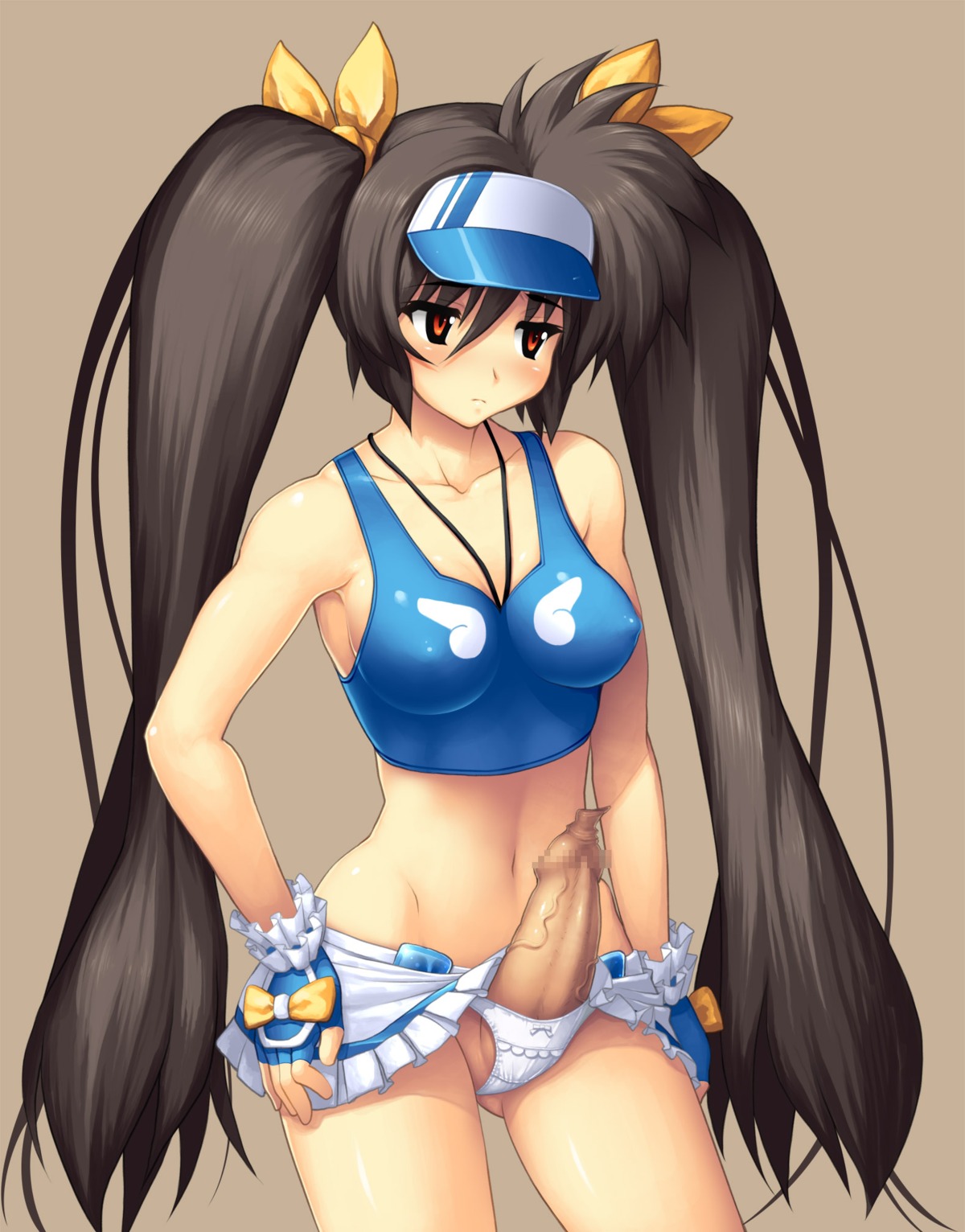 1futa brown_hair censored eri_hasumi fingerless_gloves foreskin foreskin_overhang futa_only futanari impossible_clothes intersex long_foreskin long_hair midriff miniskirt navel panties penis pointless_censoring red_eyes rule34 skirt solo solo_futa standing tied_hair twintails uncircumcised uncut underwear unretracted_foreskin vanguard_princess visor white_panties yn_red