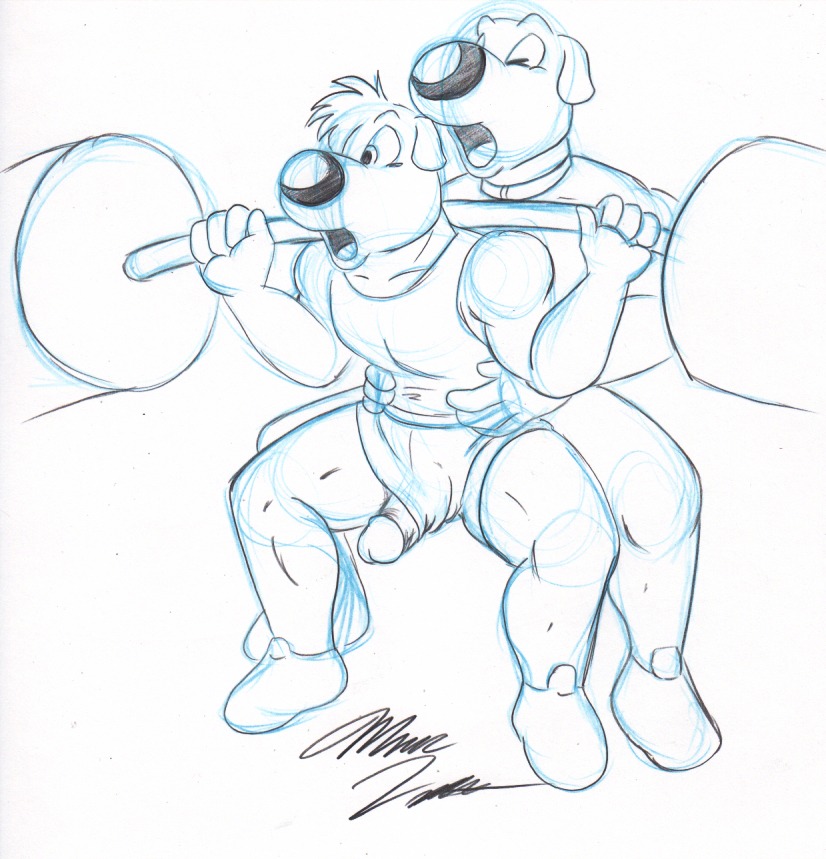 anthro balls barbell big_balls big_penis brian_griffin canid canine canis cousins_(lore) domestic_dog duo e621 erection exercise family_guy genitals holding_object humanoid_genitalia humanoid_penis incest_(lore) jasper_(family_guy) male male/male mammal marc_leonhardt muscular penis sketch weightlifting workout