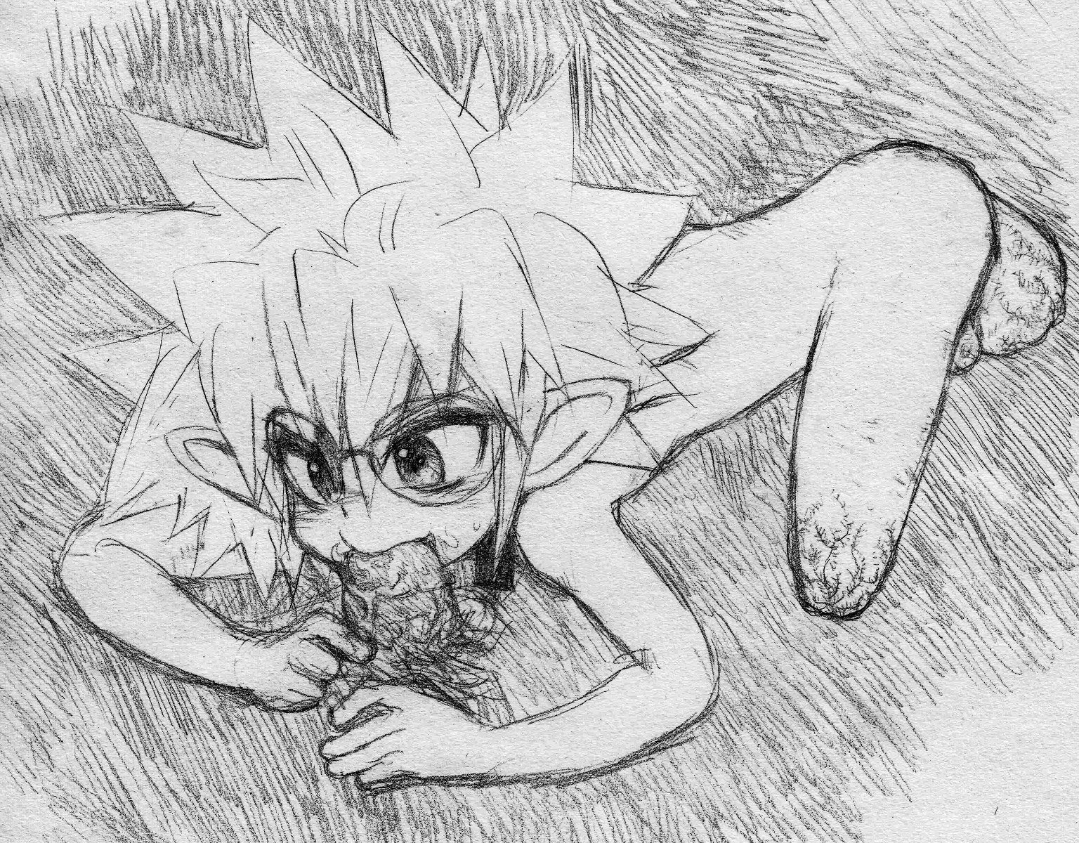 blowjob disgaea disgaea_3 glasses male male_only mao mao_(disgaea) penis pubes rule34 tagme white_background white_hair yaoi