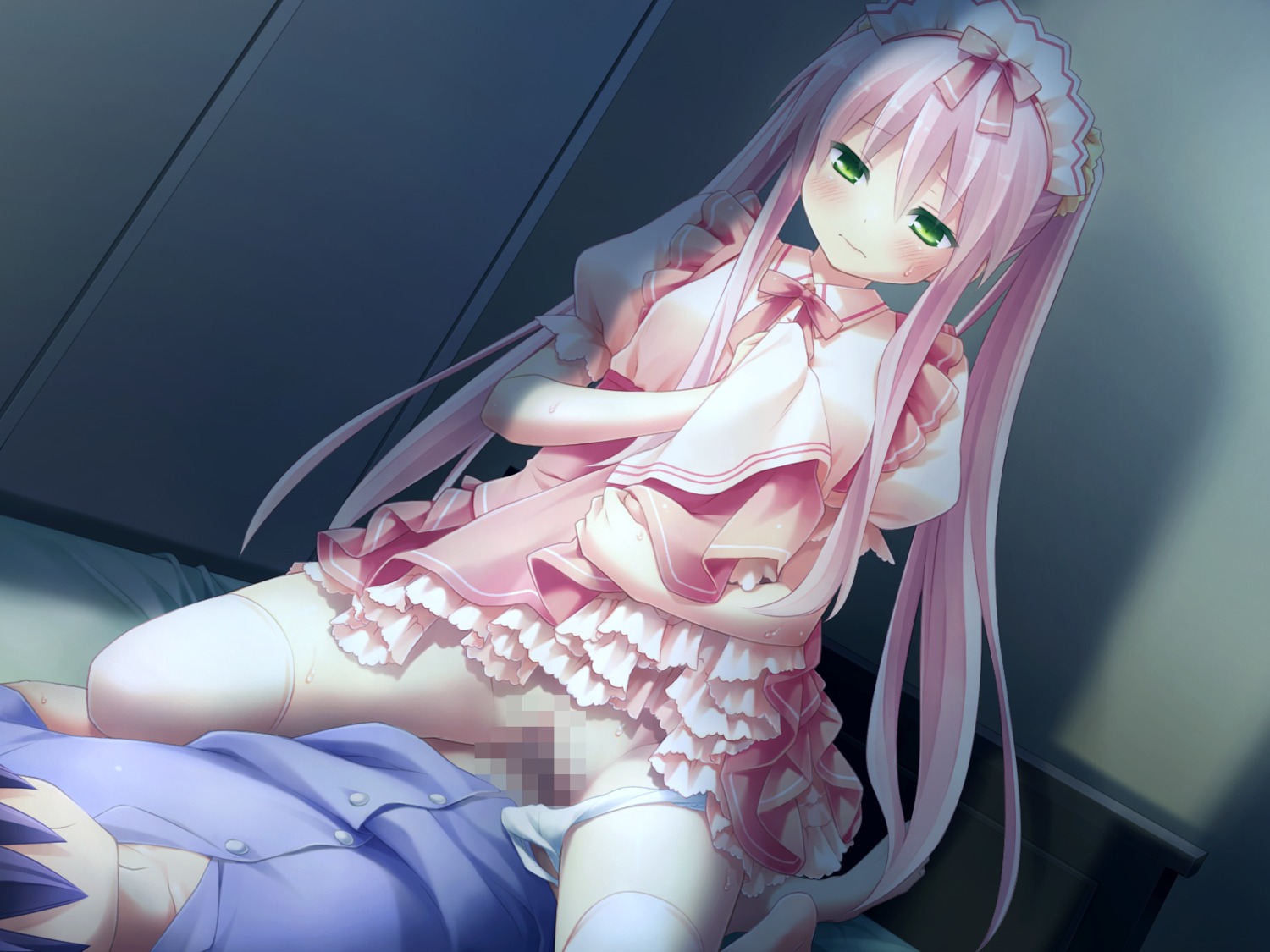 3: blush bow cafe_sourire censored cowgirl_position dress dress_lift eretto faceless faceless_male female frills game_cg green_eyes highres long_hair maid maid_headdress male mizushima_serika panties panties_around_leg panties_around_one_leg pink_hair puffy_sleeves ribbon rule34 sex straddle sweat thighhighs tied_hair twintails underwear waitress white_legwear zettai_ryouiki