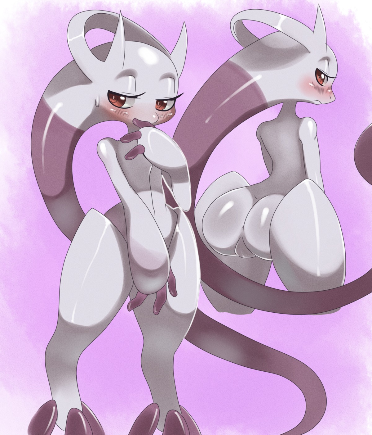 3_fingers 3_toes ambiguous_gender anthro big_butt biped blush bodily_fluids butt digital_media_(artwork) e621 exposed eyelashes feet fingers frown generation_6_pokemon glistening hi_res legendary_pokemon looking_at_viewer looking_away looking_back mega_evolution mega_mewtwo mega_mewtwo_y nintendo nude pink_background pokemon pokemon_(species) presenting presenting_hindquarters raised_arm red_eyes shadow simple_background solo sssonic2 sweat toes white_nose