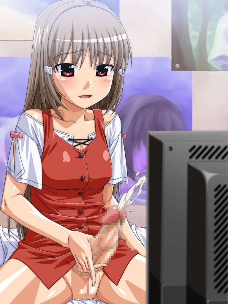 1futa breasts brown_hair censored cum cumming ejaculation futa_only futanari futanari_shoujo_no_shasei_nikki grey_hair hair_ornament hairclip intersex kuga_hajime large_penis long_hair masturbation no_panties penis poster pussy red_eyes rule34 short_hair sitting smile solo spread_legs takano_shiori television world_lover
