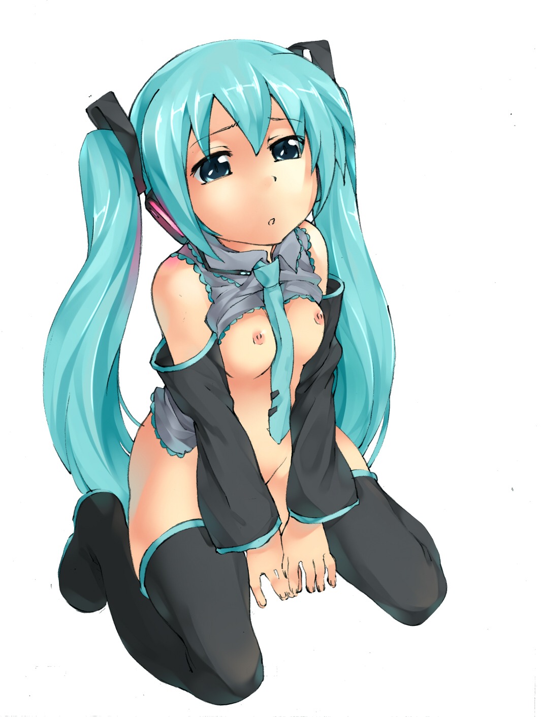 1girl 1girls 2d aqua_eyes aqua_hair areolae artist_request bangs bare_shoulders between_breasts black_sleeves black_thighhighs blue_eyes blue_hair blue_necktie bottomless breasts clothes_lift collared_shirt color detached_sleeves eyebrows_visible_through_hair eyes_visible_through_hair female female_only grey_shirt hair hatsune_miku light-skinned_female light_skin long_hair necktie nipples rule34 shirt shirt_lift shirt_up simple_background sleeveless sleeveless_shirt sleeves small_breasts solo thigh_boots thighhighs twintails very_long_hair vocaloid white_background