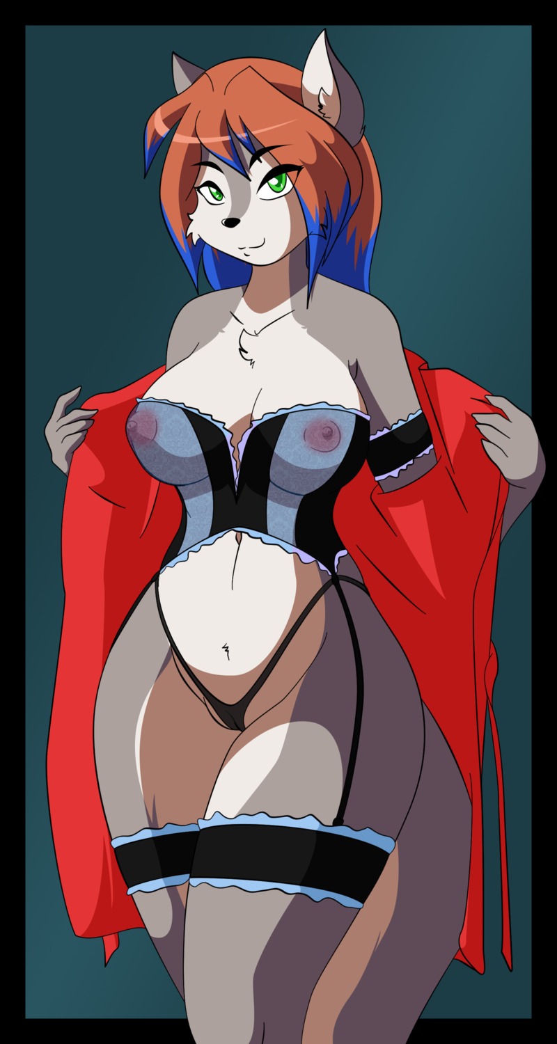 absurd_res accessory anthro areola arm_garter armband big_breasts blue_hair breasts brown_hair camel_toe canid canine canis chalo chest_tuft cleavage clothed clothing corset countershading digital_media_(artwork) e621 eye_through_hair female fur garter garter_straps green_eyes grey_body grey_fur hair hi_res leg_garter lingerie mammal nipples open_clothing open_robe panties portrait pose robe sechs_fuckheaven skimpy smile solo string_panties third-party_edit three-quarter_portrait topwear translucent translucent_clothing translucent_hair translucent_topwear tuft underwear undressing white_body white_fur wolf