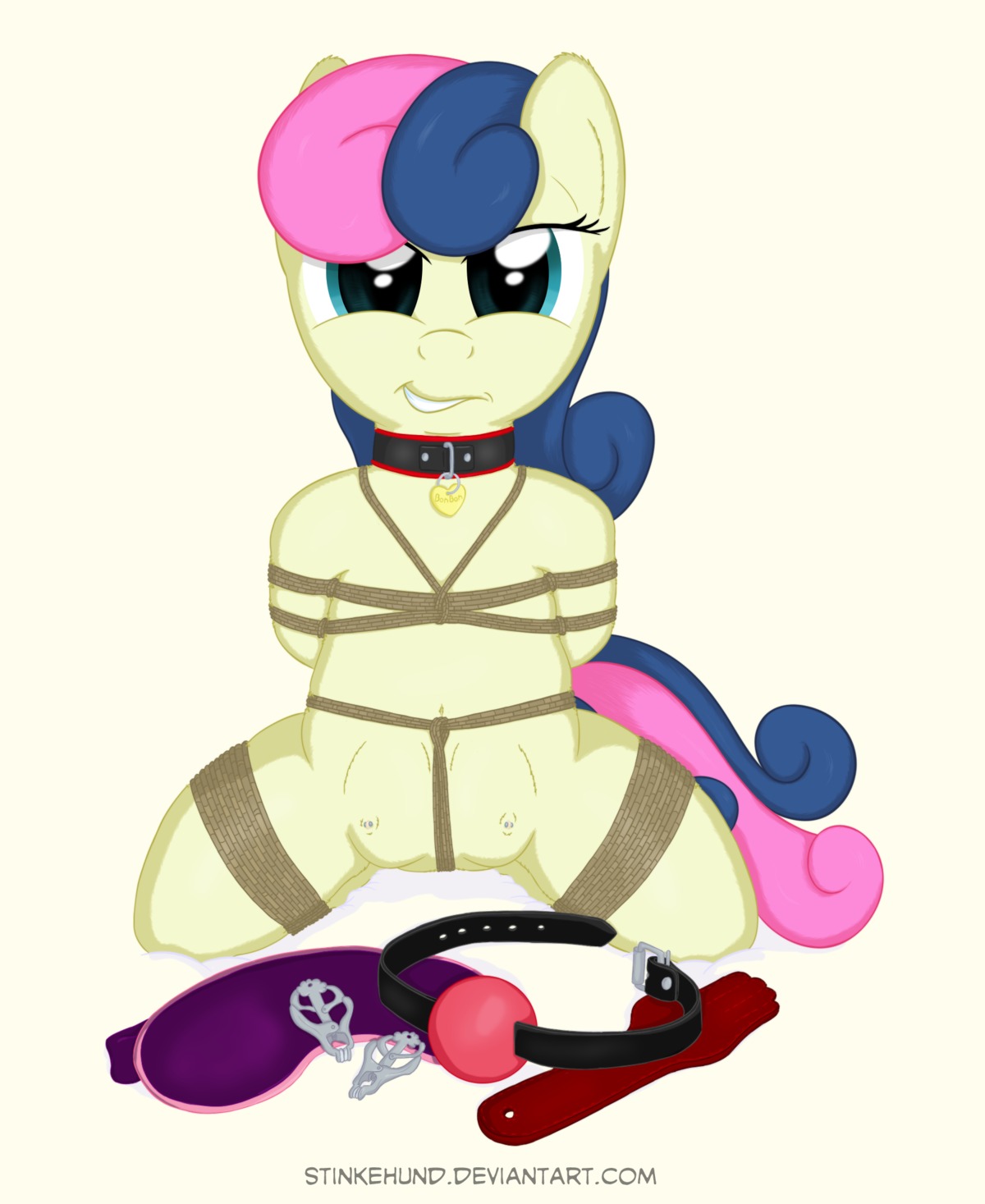 areola ball_gag bdsm blue_eyes bonbon_(mlp) bondage bound collar e621 earth_pony equid equine female friendship_is_magic gag hair hasbro hi_res horse kneeling looking_at_viewer mammal multicolored_hair my_little_pony nipple_clamp nipples nude pony rope simple_background smile smirk solo stinkehund submissive submissive_female teats text two_tone_hair url white_background