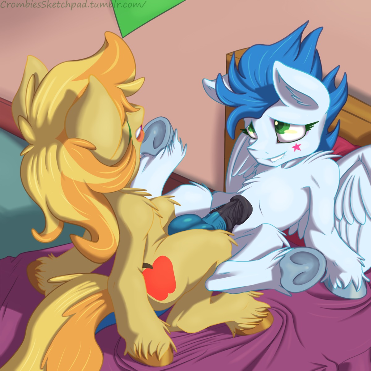 1:1 2013 anal anal_penetration balls bed blonde_hair blue_body blue_feathers blue_hair braeburn_(mlp) crombie cutie_mark digital_media_(artwork) duo e621 earth_pony equid equine erection eyes_closed feathered_wings feathers femboy feral feral_on_feral feral_penetrated feral_penetrating feral_penetrating_feral friendship_is_magic from_front_position fur furniture genitals green_eyes hair hasbro hi_res hooves horse lying male male/male male_penetrated male_penetrating male_penetrating_male mammal multicolored_hair my_little_pony mythological_creature mythological_equine mythology nude on_back open_mouth pegasus penetration penile penile_penetration penis penis_in_ass pillow pony sex shaded soarin_(mlp) spread_legs spreading tail two_tone_hair white_body white_fur wings wonderbolts_(mlp) yellow_body yellow_fur
