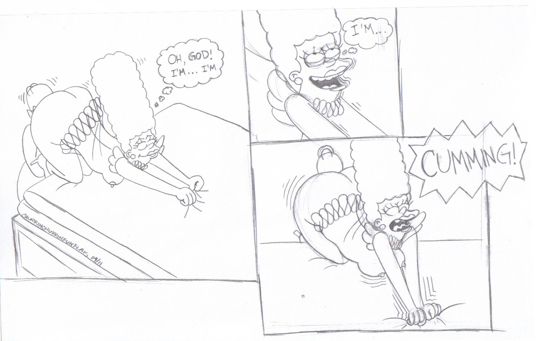 all_fours breasts clothes comic cunnilingus female homer_simpson human indoors male marge_simpson monochrome nipples oral rule34 straight the_simpsons