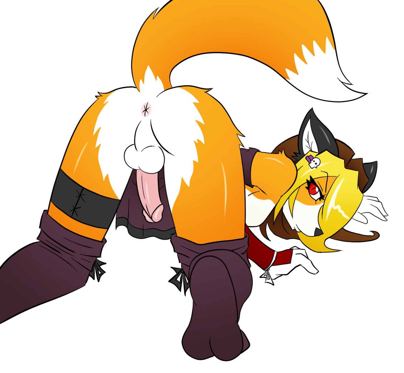 all_fours anthro anus balls bent_over crossdressing detached_sleeves furry garter looking_at_viewer looking_back male penis rule34 short_hair skirt tail testicles top-down_bottom-up trap vulpeschild