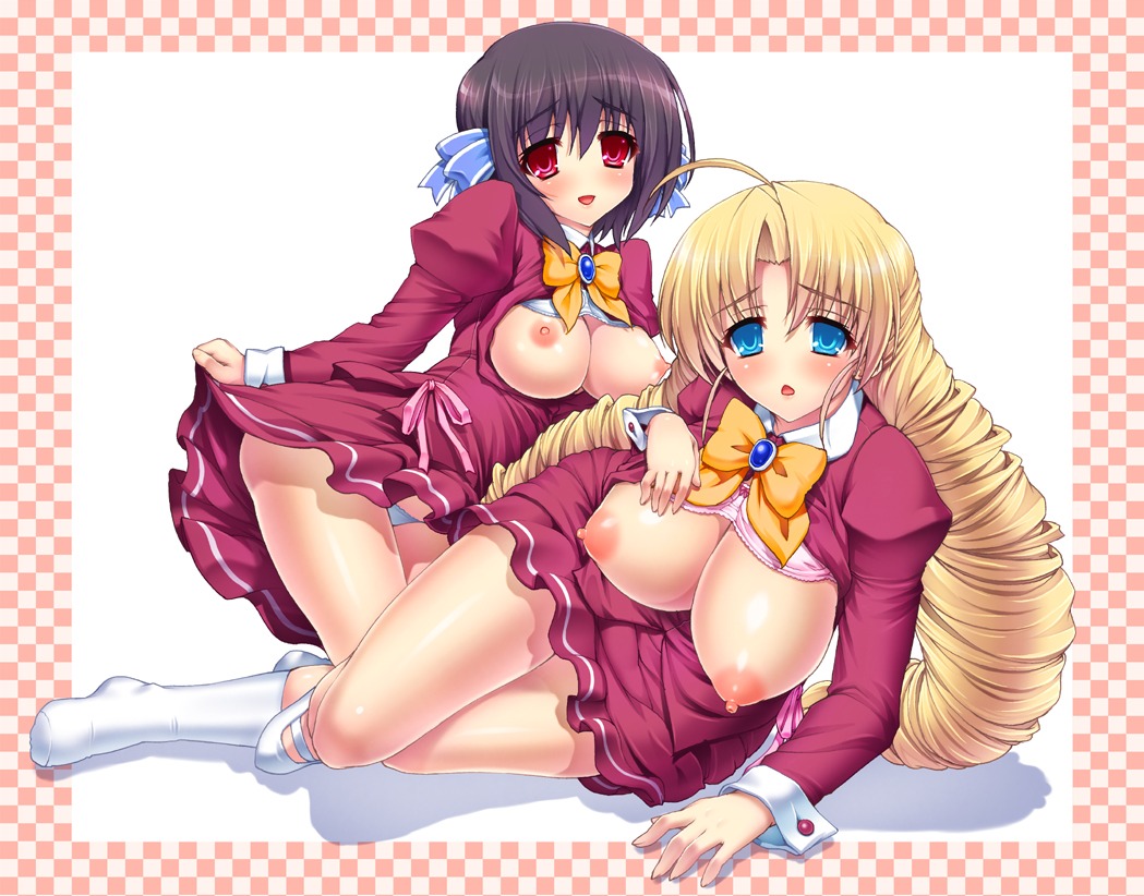 arm_support blonde_hair blue_eyes blush bow breasts breasts_out drill_hair female huge_breasts kotobuki_utage ladies_versus_butlers! long_hair multiple_females multiple_girls nipples no_nose on_side panties puffy_nipples red_eyes rule34 saikyou_tomomi sernia_iori_flameheart short_hair skirt skirt_lift underwear