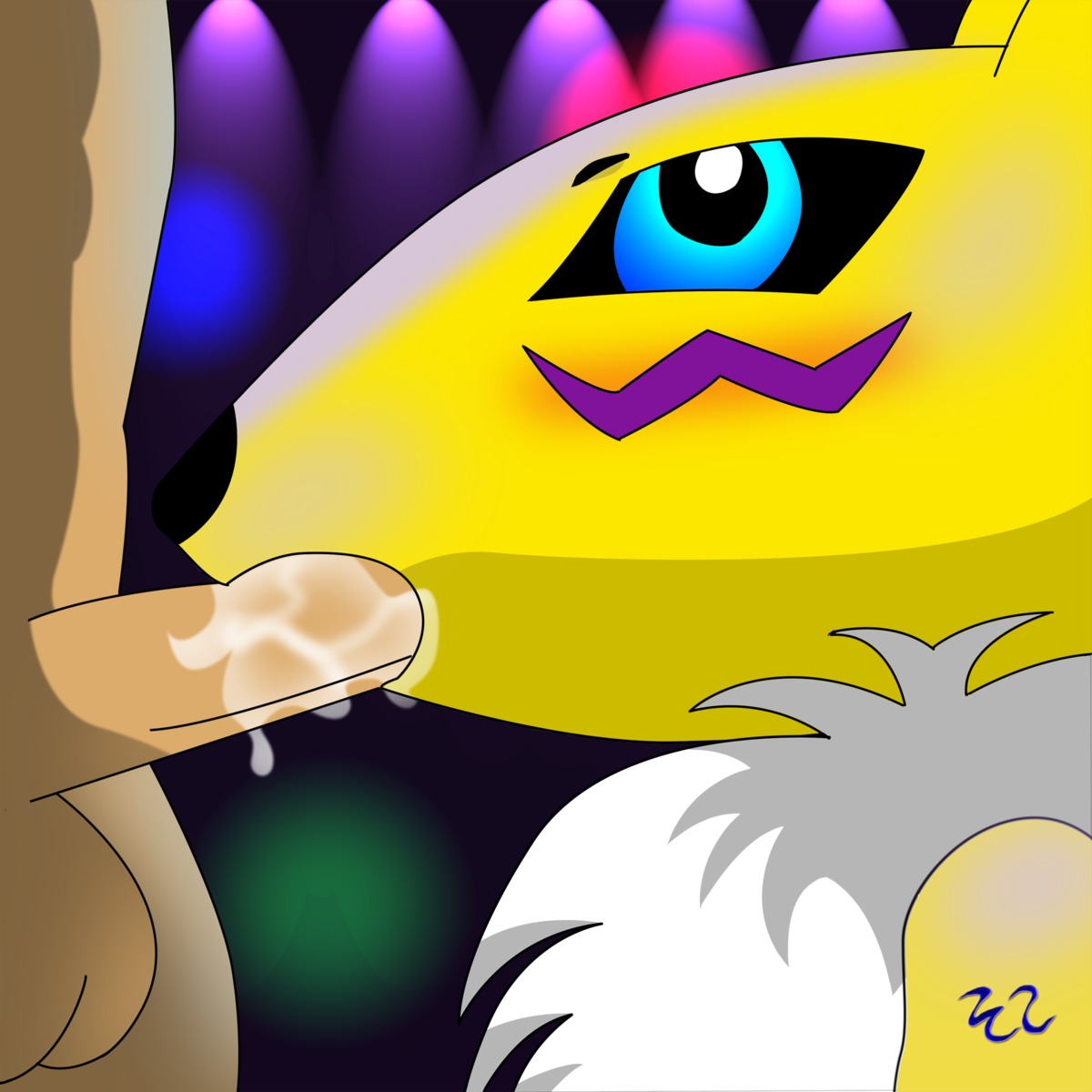 1:1 2013 ambiguous_gender anthro balls bandai_namco black_sclera blue_eyes blush bodily_fluids canid canine chest_tuft cum digimon digimon_(species) duo e621 erection fellatio fur genital_fluids genitals hi_res interspecies male mammal oral oral_penetration penetration penile penis rave renamon sex thesilentwolf tuft white_body white_fur yellow_body yellow_fur