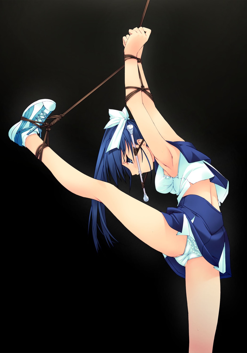 1girls angry arms_above_head arms_bound arms_up baton black_background blank_background blue-haired_girl_(murakami_suigun) blue_hair bondage breasts cheerleader f-ism female female_focus female_human female_only frilled_panties frills gag gagged highres human human_female human_focus human_only legs_spread medium_breasts murakami_suigun original panties partially_visible_vulva plain_background pussy restrained rope rule34 shoes skirt sneakers solid_color_background solo solo_female solo_focus spread_legs tears torture underwear upskirt