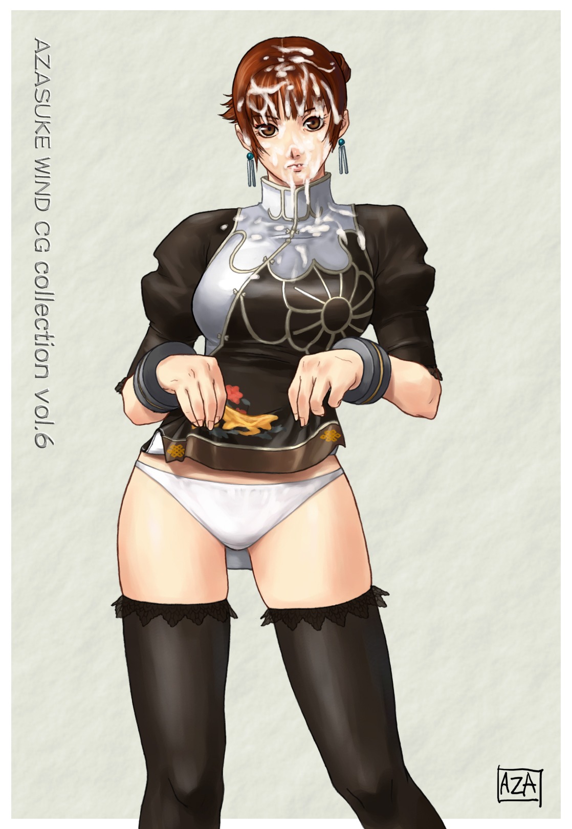 azasuke black_dress black_legwear black_thighhighs brown_eyes brown_hair chai_xianghua china_dress chinese_clothes cum cum_on_body cum_on_clothes cum_on_hair cum_on_upper_body cumdrip dress dress_lift earrings facial female female_only highres human jewelry panties rule34 short_hair solo soul_calibur standing thighhighs underwear white_panties zettai_ryouiki