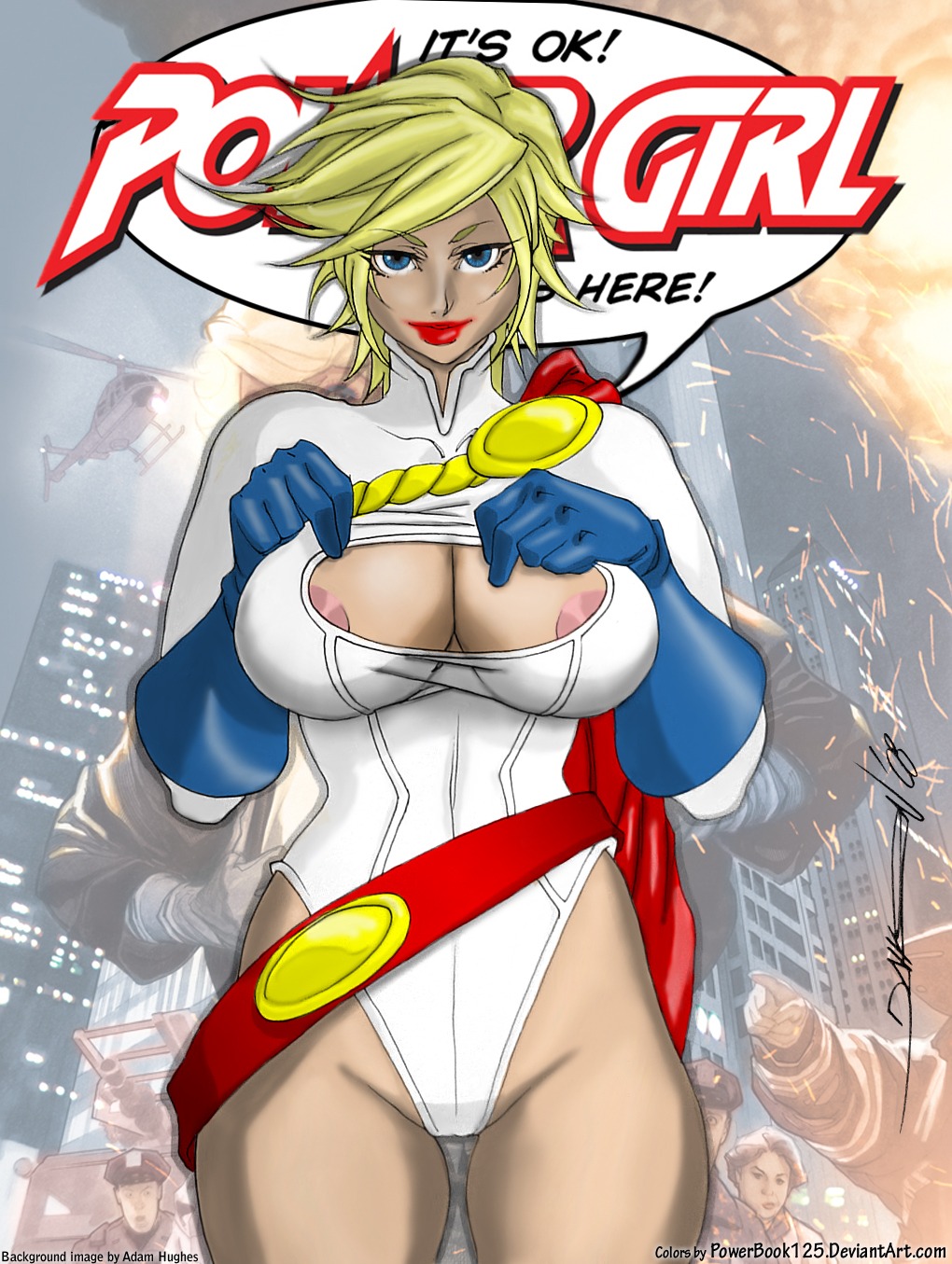 2008 blonde_hair blue_eyes breasts character_name color colored daikon_(artist) dc dc_comics female kara_zor-l karen_starr male nipple_slip power_girl powerbook125 rule34 signature speech_bubble superman_(series) tagme text