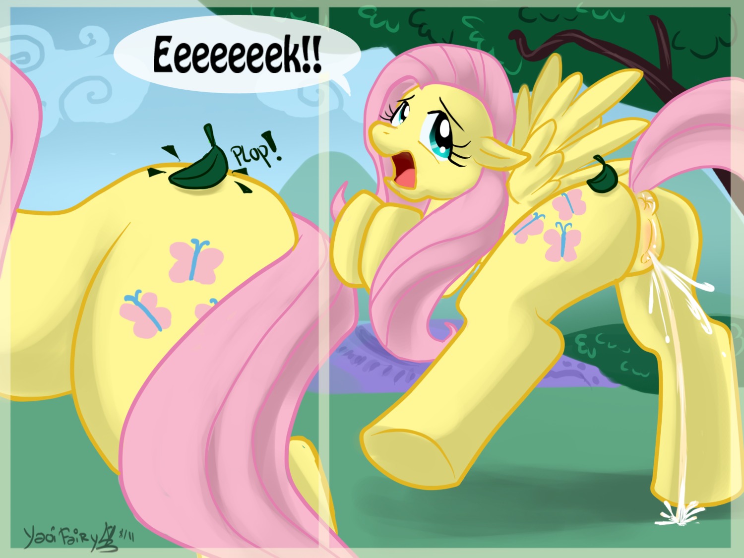 4:3 anus bodily_fluids comic e621 ejaculation equid equine feathered_wings feathers female feral fluttershy_(mlp) friendship_is_magic genital_fluids genitals green_eyes hasbro hi_res leaf mammal my_little_pony mythological_creature mythological_equine mythology orgasm pegasus plant quadruped solo tail tail_anus tree vaginal_fluids vaginal_squirting vulva wings wood yaoifairy yellow_body yellow_feathers