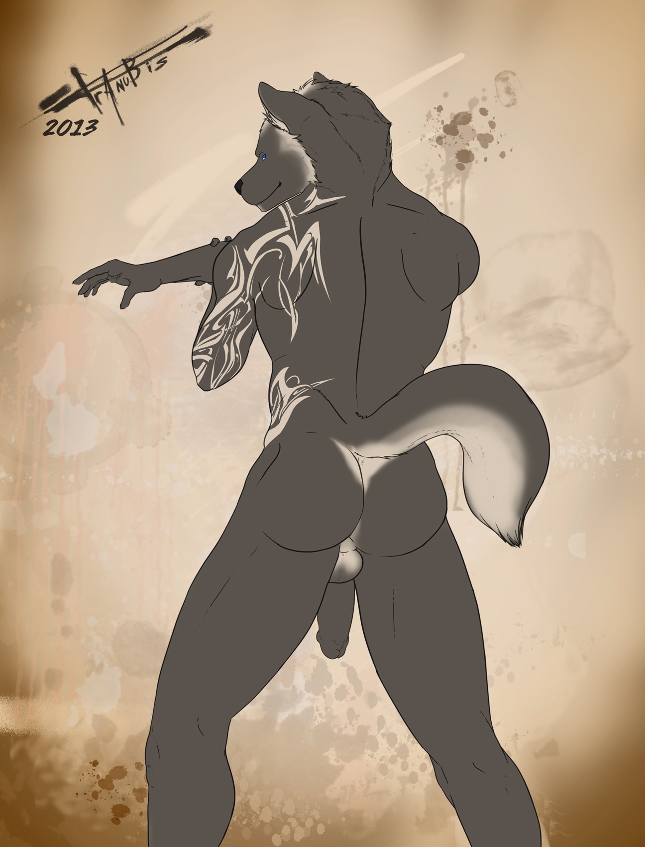 2013 abstract_background anthro backsack balls blue_eyes butt canid canine canis e621 franubis fur genitals grey_body grey_fur half-erect hi_res humanoid_genitalia humanoid_penis looking_at_viewer looking_back male mammal markings nude penis pose presenting simple_background solo tail wolf