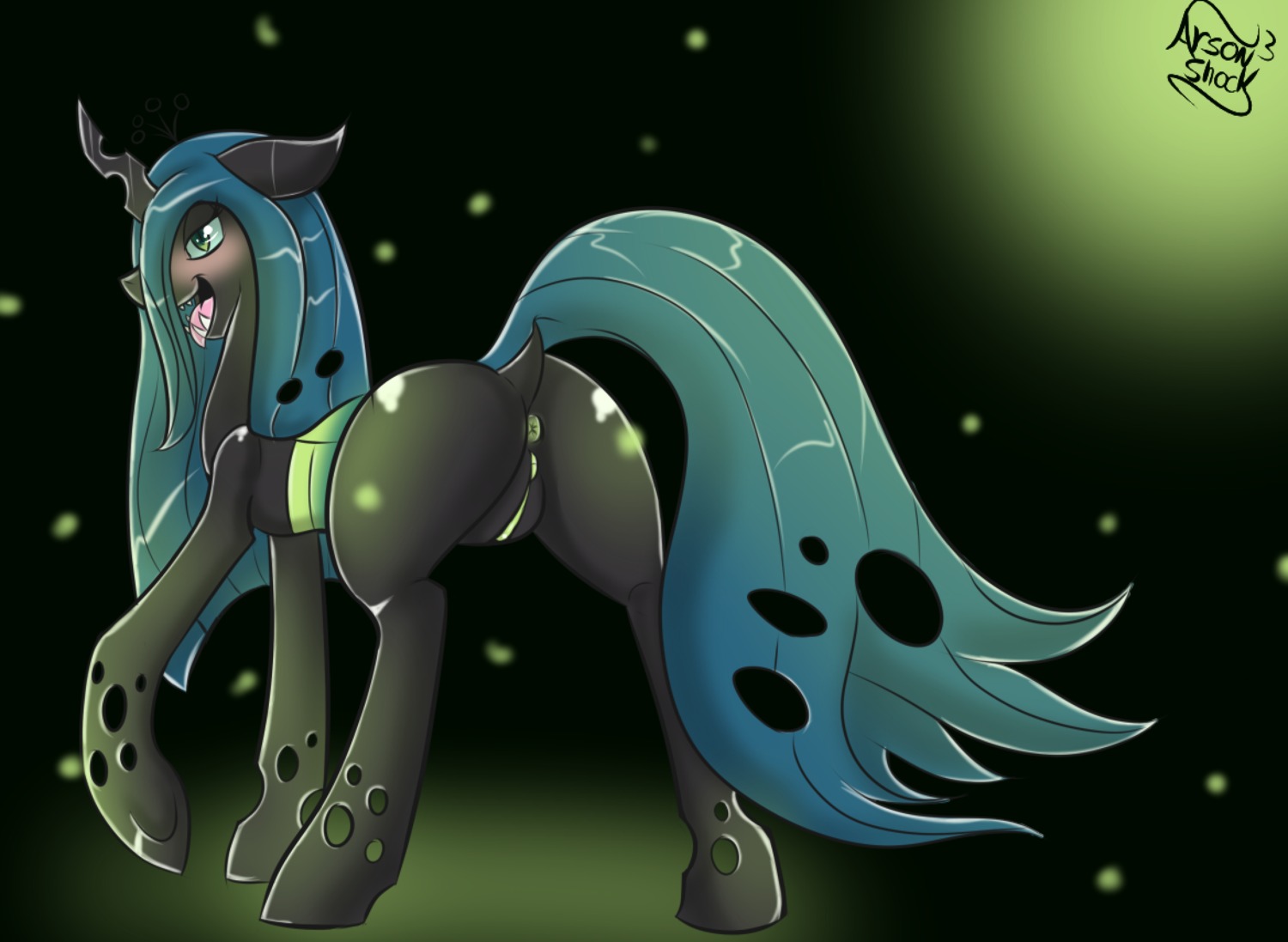 2014 absurd_res all_fours anus arthropod butt changeling_(mlp) e621 female feral friendship_is_magic genitals glistening green_background happy hasbro hi_res hooves kingbeast my_little_pony open_mouth presenting presenting_hindquarters presenting_vulva queen queen_chrysalis_(mlp) raised_leg royalty shadow sharp_teeth simple_background smile solo teeth tongue tongue_out vulva