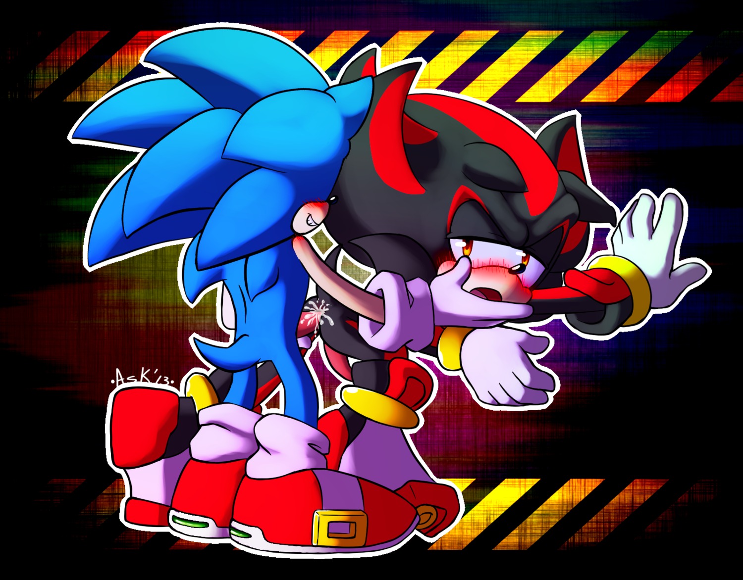 2013 anal anal_penetration anthro black_body black_fur blue_body blue_hair blush bodily_fluids butt clothing cum cum_in_ass cum_inside duo e621 erection eulipotyphlan footwear from_behind_position fur genital_fluids genitals gloves hair handwear hedgehog hi_res looking_back male male/male male_penetrated male_penetrating male_penetrating_male mammal open_mouth penetration penis red_eyes sega sex shadow_the_hedgehog shoes sonic_the_hedgehog sonic_the_hedgehog_(series) unknown_artist