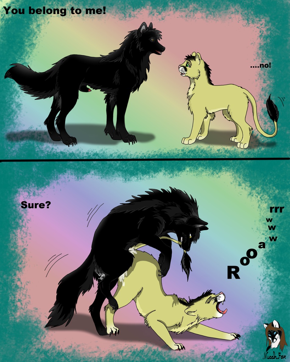 animal_genitalia balls bodily_fluids canid canine canis comic cum duo e621 felid female feral feral_on_feral forced genital_fluids genitals interspecies lion male male/female mammal nana_(nucahfox) nucahfox nude pantherine penis penis_tip sheath sy'ros wolf yellow_eyes