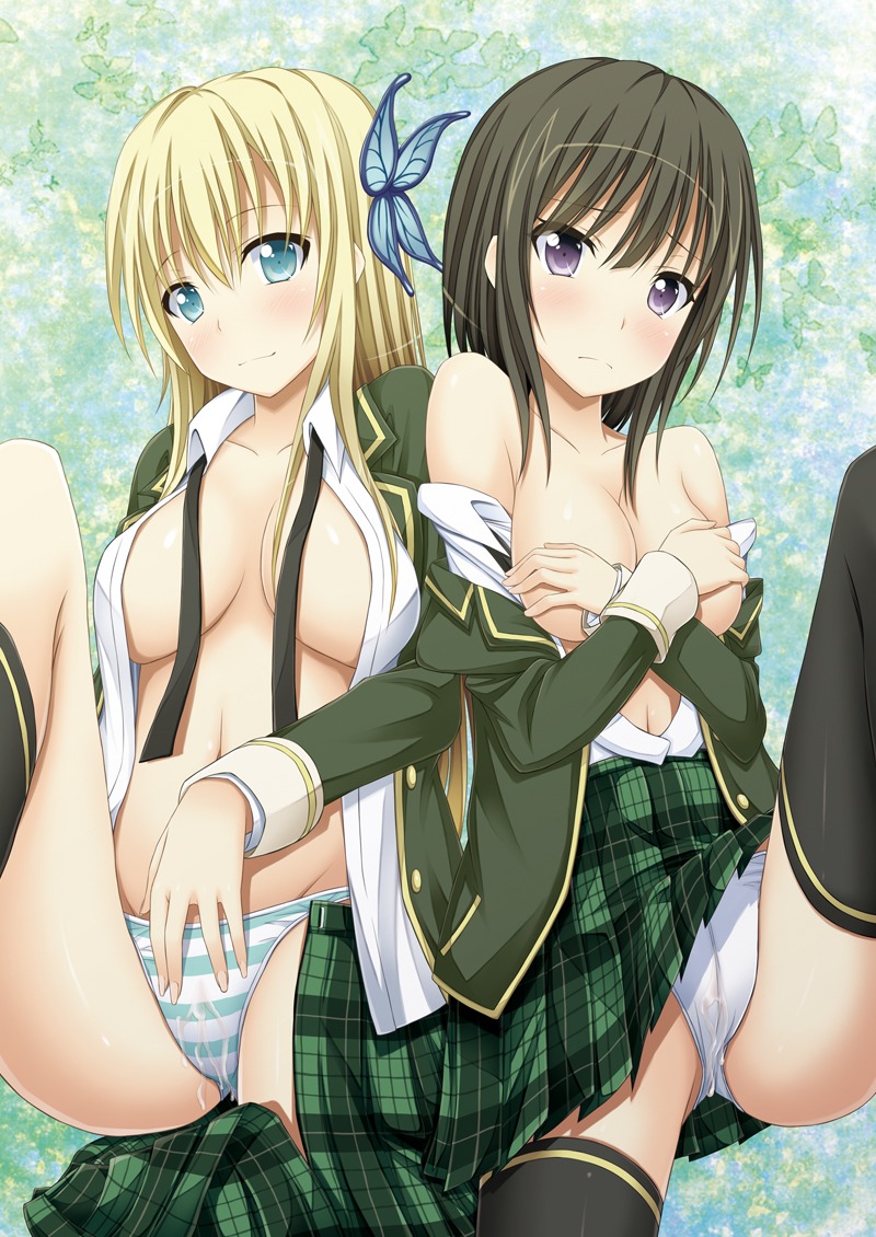2girls aqua_eyes bare_shoulders black_legwear blonde_hair blush boku_wa_tomodachi_ga_sukunai breasts butterfly_hair_ornament covering covering_breasts female hair_ornament human kashiwazaki_sena mikazuki_yozora multiple_females multiple_girls navel open_clothes panties purple_eyes pussy pussy_juice rule34 shake_(ferit3) short_hair sitting skirt striped striped_panties teenage_girl thighhighs underwear