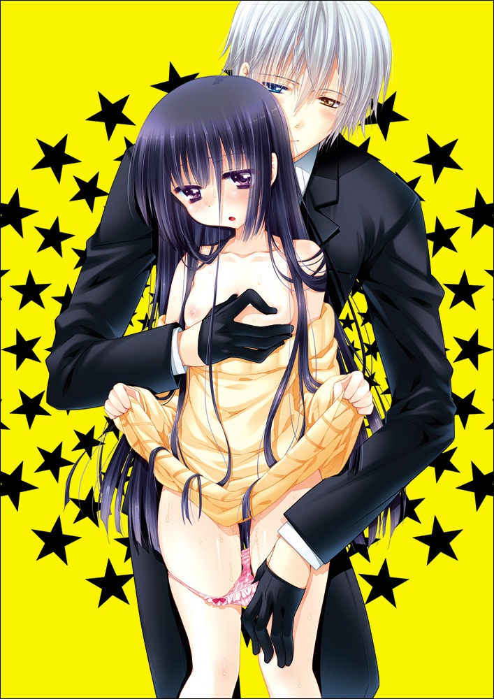 1boy :o araiguma blue_eyes blush collarbone female flat_chest flat_grab formal frilled_panties frills gloves heterochromia inu_x_boku_ss long_hair male miketsukami_soushi naked_sweater nipples panties panty_pull purple_eyes ririchiyo_shirakiin rule34 shirakiin_ririchiyo soushi_miketsukami star suit sweat sweater underwear very_long_hair yellow_eyes