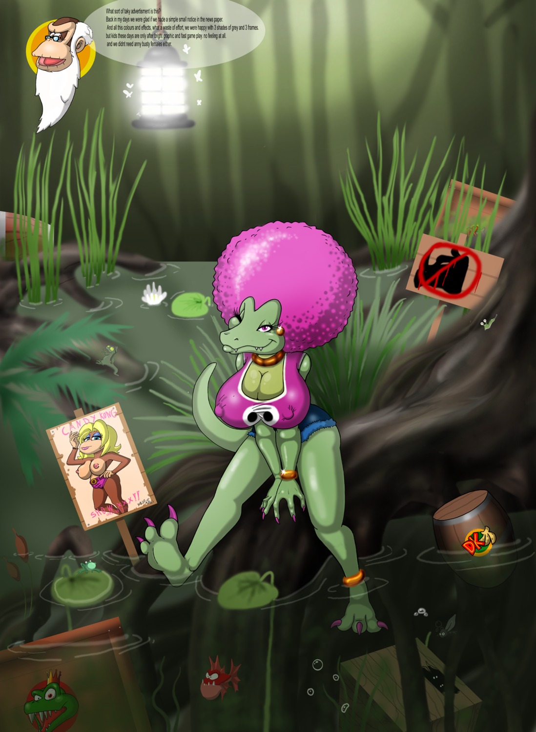 2girls ape blonde_hair candy_kong color cranky_kong donkey_kong_(series) erect_nipples eyelashes eyeshadow female furry hair haplorhine k_rool kalypso kremling lipstick lordstevie makeup male monkey nintendo nipples pink_lipstick primate rule34 scalie sign wink