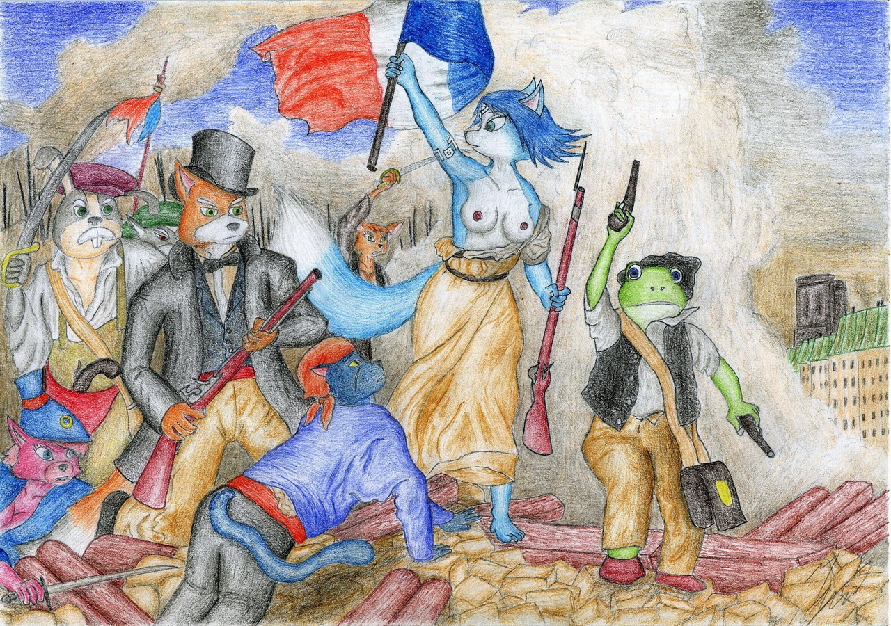 amphibian anthro bandana bayonet blue_fur breasts cat color day fara_phoenix female fine_art fine_art_parody flag fox fox_mccloud french_revolution frog fur furry furry_breasts furry_tail grey_fur gun hat holding holding_gun holding_sword interspecies katt_monroe krystal liberty_leading_the_people male multiple_boys multiple_males no_source orange_fur outdoors panther panther_caroso peppy_hare pistol public_domain rabbit rifle rule34 sinaherib slippy_toad star_fox sword tail toad top_hat weapon white_fur wolf wolf_o'donnell