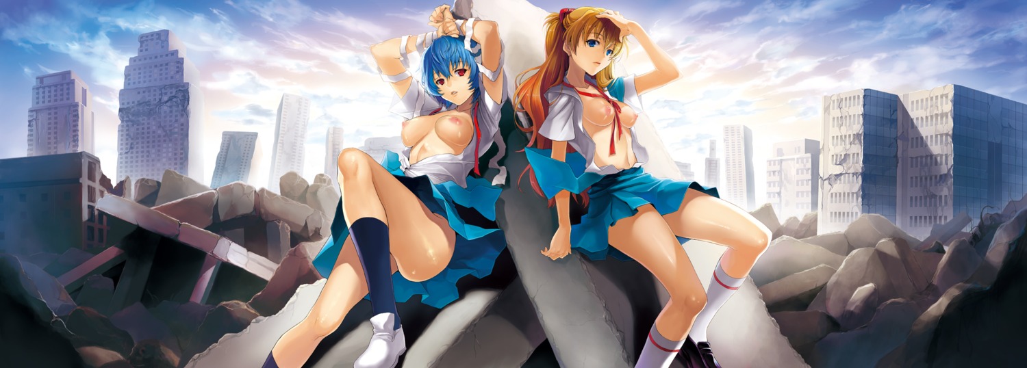 2girls arms_up asuka_langley_sohryu bandage bandages between_breasts blue_eyes blue_hair breasts clothes clothes_between_breasts clothing cloud female female_only footwear hair hand_on_head highres joe_sage kneehighs large_breasts legs long_hair long_image medium_breasts multiple_females multiple_girls neon_genesis_evangelion nipples no_bra off_shoulder open_clothes open_shirt orange_hair outdoors red_eyes rei_ayanami ribbon ruins rule34 sage_joh school_uniform serafuku shirt shoes short_hair skirt sky socks wallpaper wide_image