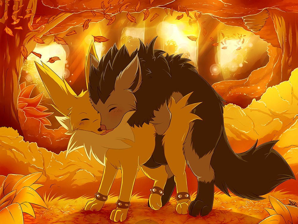 ambiguous_gender black_fur blush bracelet closed_eyes color detailed_background doggy_style eeveelution feral forest fur furry furry_only grey_fur implied_penetration implied_sex interspecies jolteon kissing mightyena nintendo no_humans nude outdoors pokemon pokemon_(species) rule34 side_view tail tongue white_fur yellow_fur