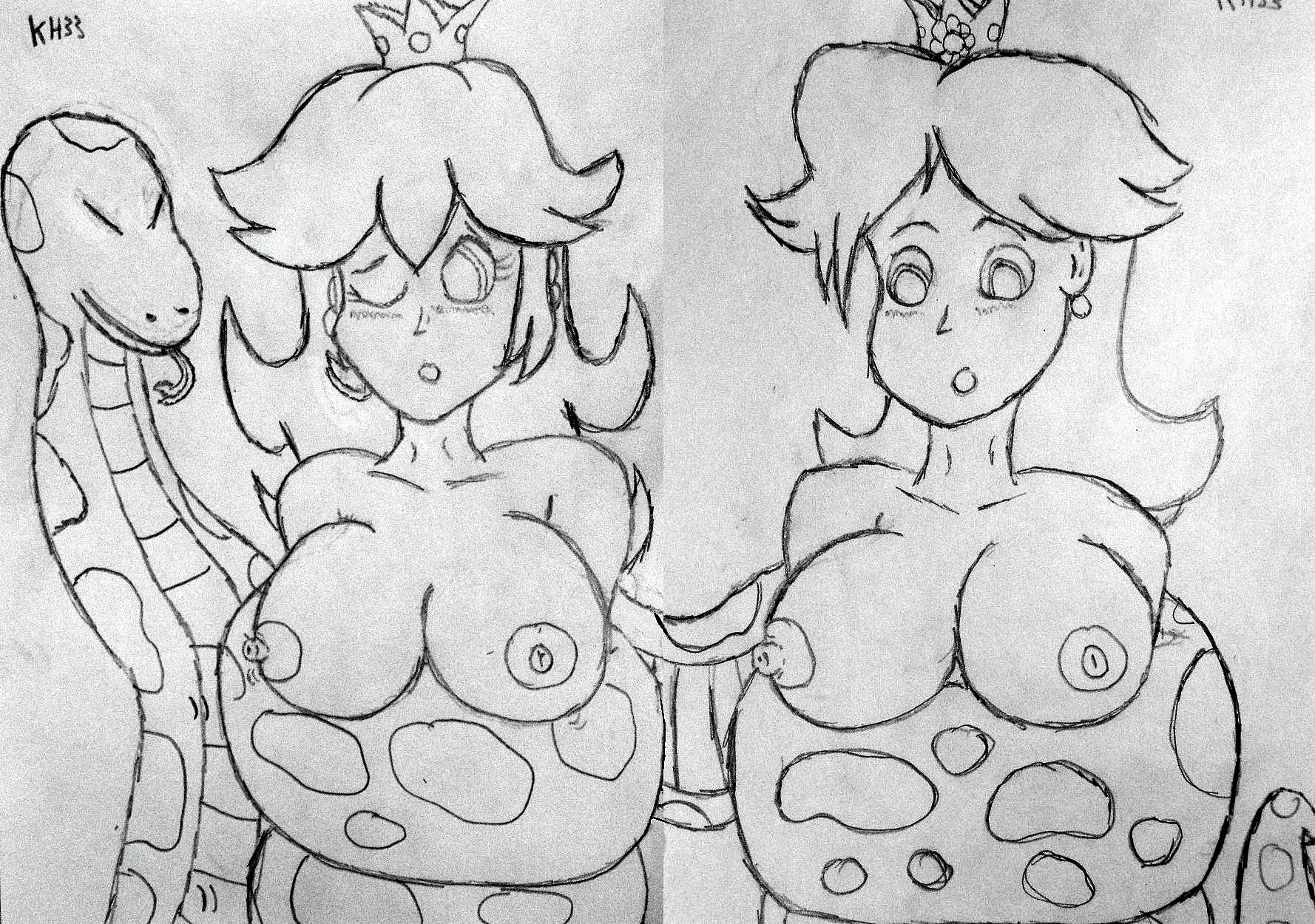 ambiguous_gender bestiality bound breasts cobrat coiling crown female feral feral_on_female greyscale hair human interspecies long_hair mario_(series) monochrome multiple_females nintendo nipples nude open_eyes open_mouth princess_daisy princess_peach rule34 sketch snake straight_hair unknown_gender wink