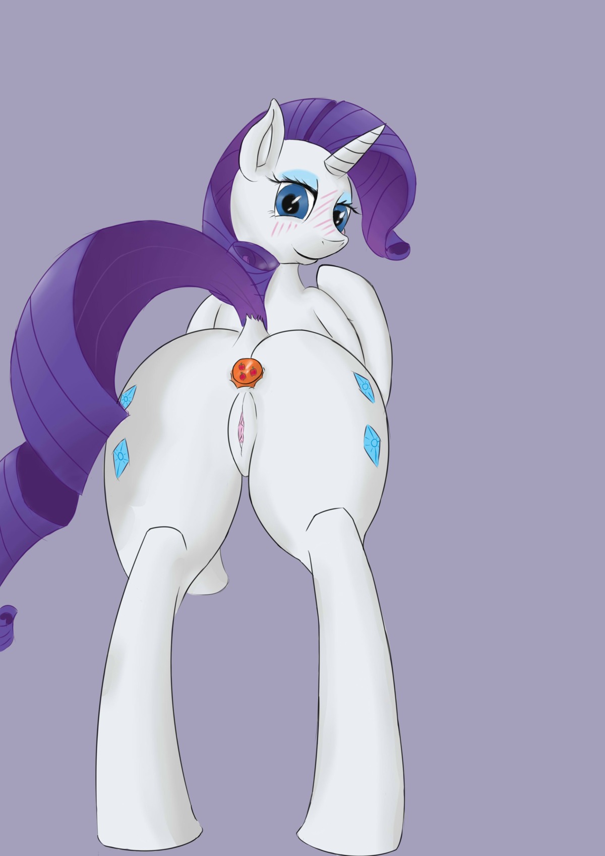 absurd_res anus blue_eyes blush butt buttplug clitoris cutie_mark cutie_mark_buttplug e621 equid equine female feral friendship_is_magic fur fuzzyhead12 genitals hair hasbro hi_res hooves horn looking_at_viewer looking_back mammal my_little_pony mythological_creature mythological_equine mythology plug_(sex_toy) presenting purple_hair raised_tail rarity_(mlp) sex_toy smile solo tail unicorn vulva white_body white_fur