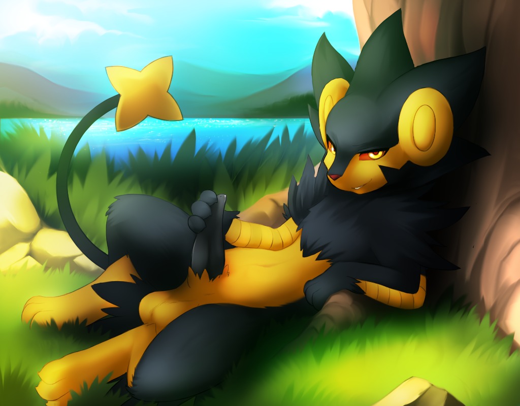 2013 3_toes animal_genitalia animal_penis balls beckoning big_ears black_penis bodily_fluids darkmirage detailed_background digital_media_(artwork) digitigrade e621 erection feet felid feral fur generation_4_pokemon genital_fluids genitals gesture grass king_(the_luxray) looking_at_viewer luxray lying male mammal masturbation naughty_face nintendo nude on_back orange_eyes outside penile penile_masturbation penis plant pokemon pokemon_(species) pose precum presenting quadruped red_nose rock royalty shiny_pokemon sky smile smirk solo tapering_penis teeth toes tree water yellow_body yellow_eyes yellow_fur